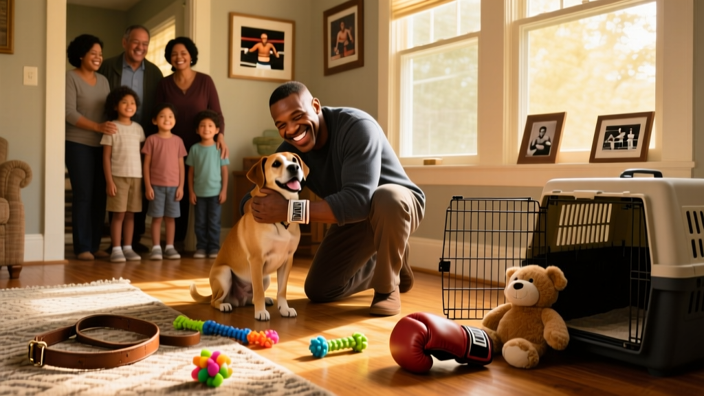 A smiling family welcoming a boxer into their home, with leashes and toys visible nearby