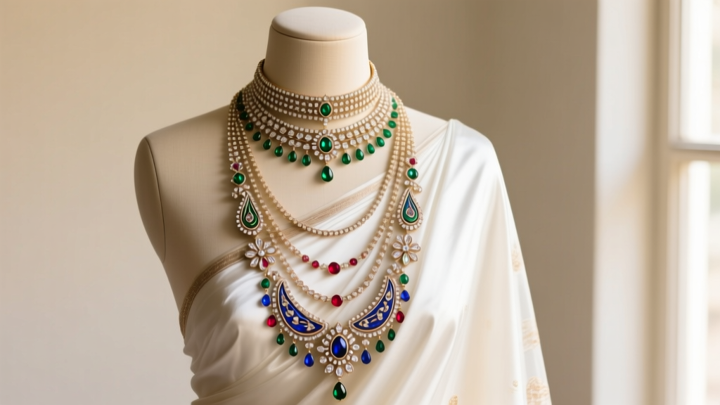 Mannequin displaying a three-tier Indian bridal necklace layering a 14-inch choker, 22-inch princess, and 28-inch opera length