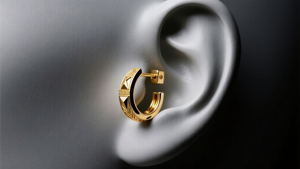 Macro shot of an 18k gold leverback earring sitting perfectly level on a mannequin earlobe against dark slate, studio lighting.