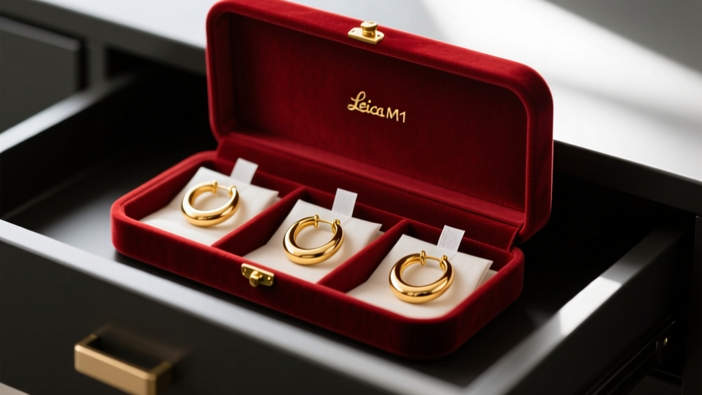 Open velvet jewelry box with anti-tarnish strips and individually bagged gold-plated hoop earrings stored inside a dark dry drawer