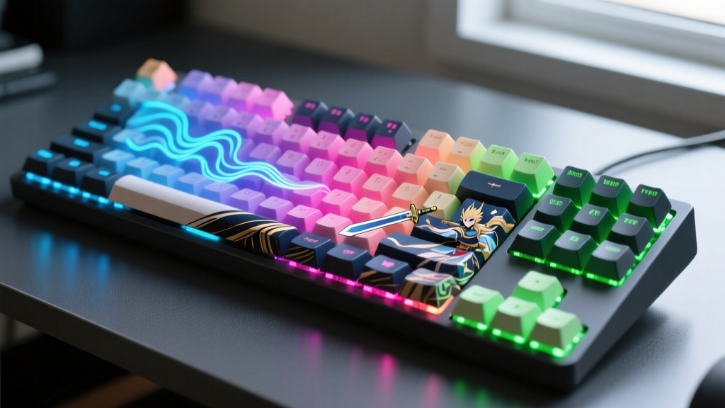 Close-up of an anime-themed mechanical keyboard with vibrant RGB lighting and custom dye-sub PBT keycaps on a dark desk.