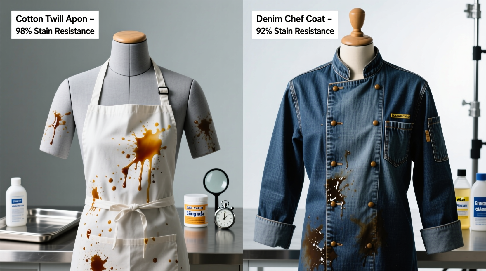cotton twill apron vs denim chef coat grease resistance