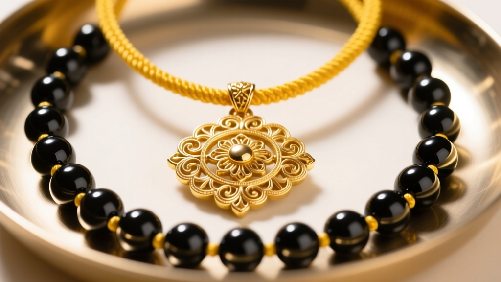 Close-up of a traditional South Indian thali necklace featuring a 22k gold pendant and glossy black glass beads on a yellow thread.