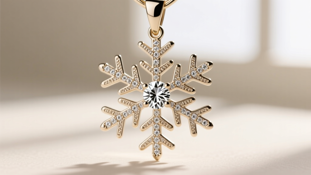 Loupe view of a 14k white gold snowflake pendant, showing crisp casting details and a small bezel-set diamond center stone.
