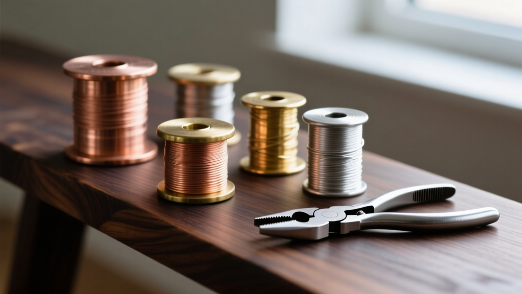 Macro shot of copper, brass, and sterling silver wire spools on a dark wooden bench alongside flat nose pliers and flush cutters.
