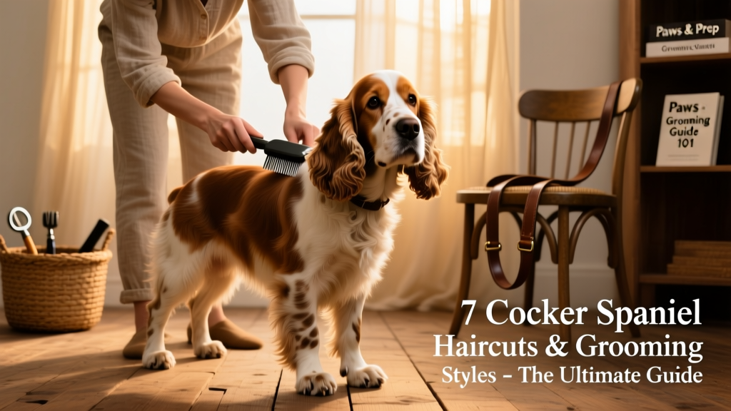 Cocker Spaniel owner gently brushing a dog with a sport trim, showing healthy coat texture and clean ears