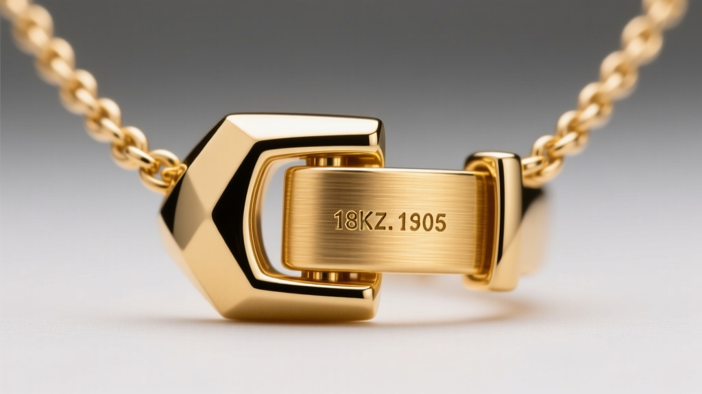 Macro shot of an 18k gold luxury necklace clasp revealing a microscopic laser-engraved serial number under bright studio lighting