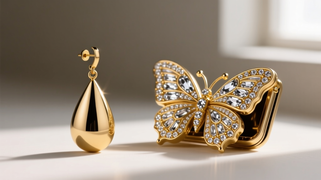 Macro shot of gold-plated brass teardrop earring post and butterfly clutch, highlighting crystal paving and metal texture.