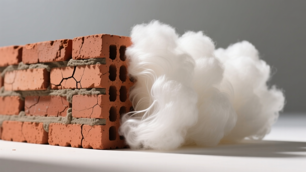 Cross-section of dense red clay brick masonry next to fluffy white fiberglass insulation, highlighting material density contrast.