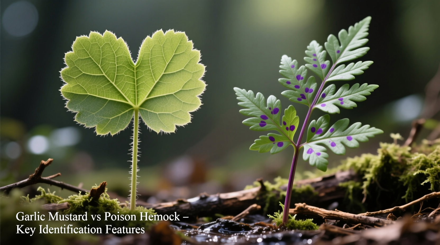 Close-up comparison of garlic mustard leaves versus poison hemlock