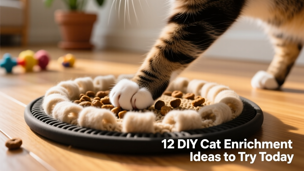 Close-up of a cat’s paw gently pressing into a DIY snuffle mat made from fleece strips glued to a rubber base, with visible kibble tucked between the layers