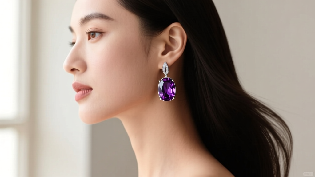 Side profile of a woman wearing sterling silver Yurman Albion earrings with vivid amethyst stones, lit by soft natural window light