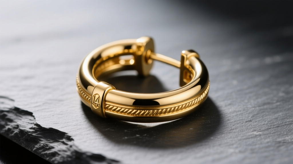Macro view of a thick 14k gold creole earring on slate, showing the hinge mechanism and tubular profile under studio lighting.