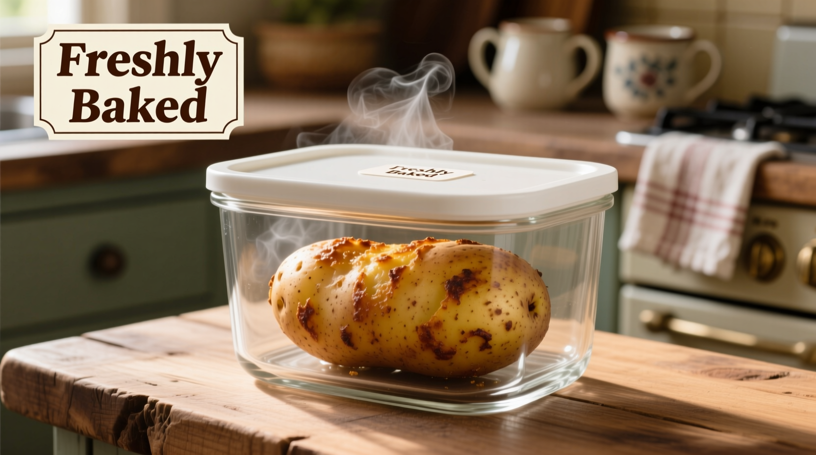 Properly stored baked potato in glass container