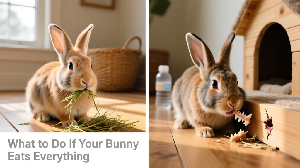 Side-by-side comparison: healthy rabbit chewing hay vs. rabbit chewing baseboard