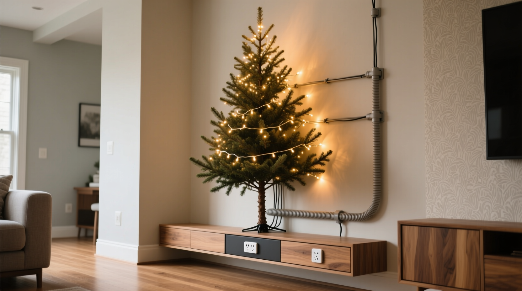 how to hide cords when decorating a christmas tree against the wall