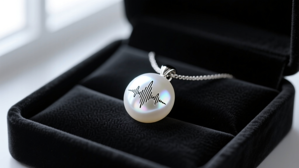 Close-up of a laser-engraved soundwave on a lustrous 10mm white Akoya pearl pendant resting on a dark velvet jewelry display box