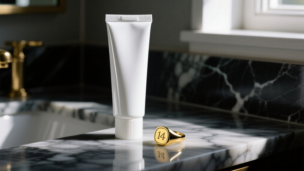 Tube of white whitening toothpaste next to a tarnished 14k yellow gold signet ring resting on a dark, moody marble vanity surface