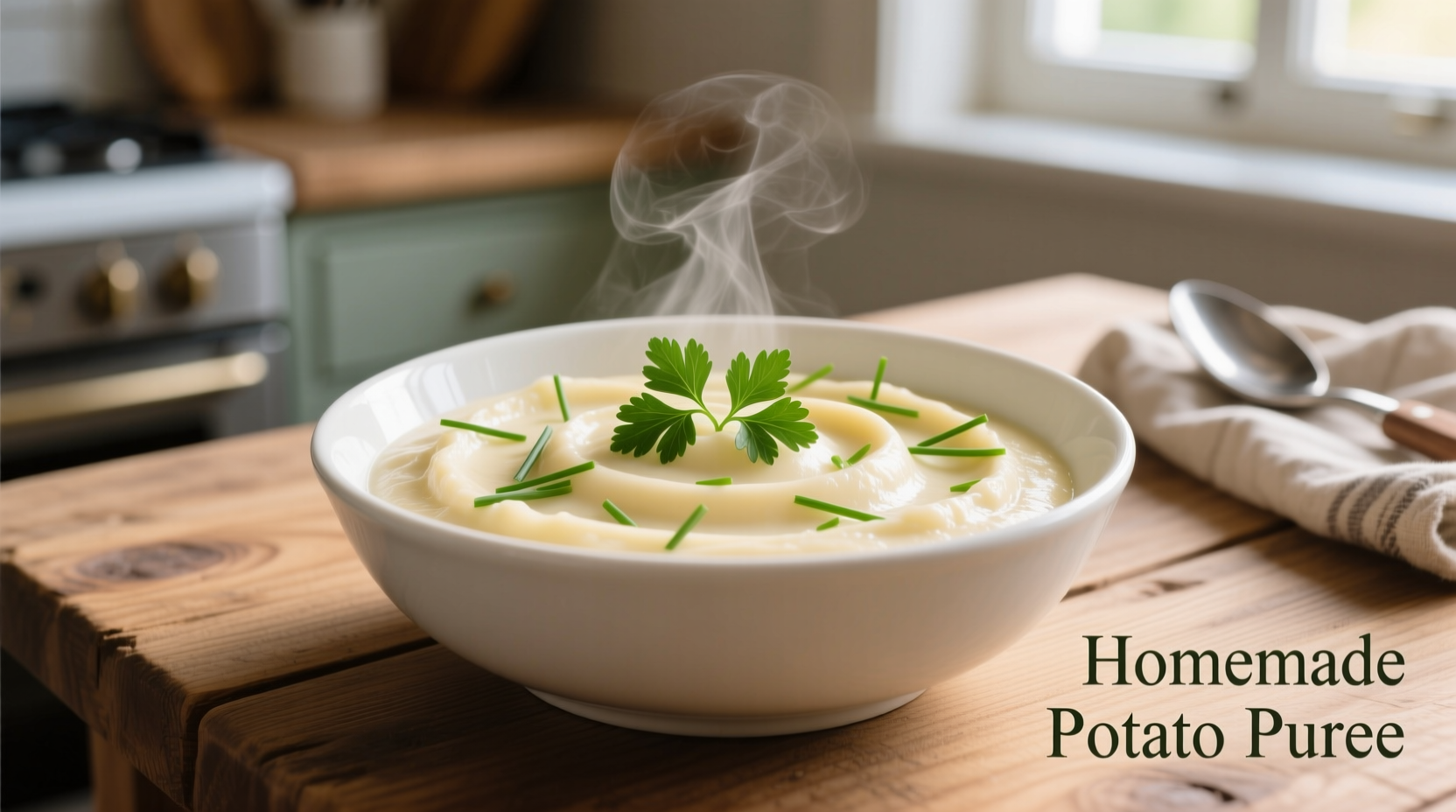 Smooth potato puree in white bowl with fresh herbs