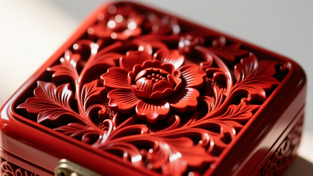 Close-up of red cinnabar lacquer carving on a vintage Chinese box lid, showing intricate floral motifs and deep layered textures