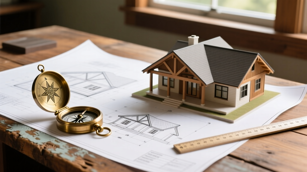 Blueprints on a wooden desk beside a brass compass and a detailed scale model of a modern 1800 square foot craftsman house.