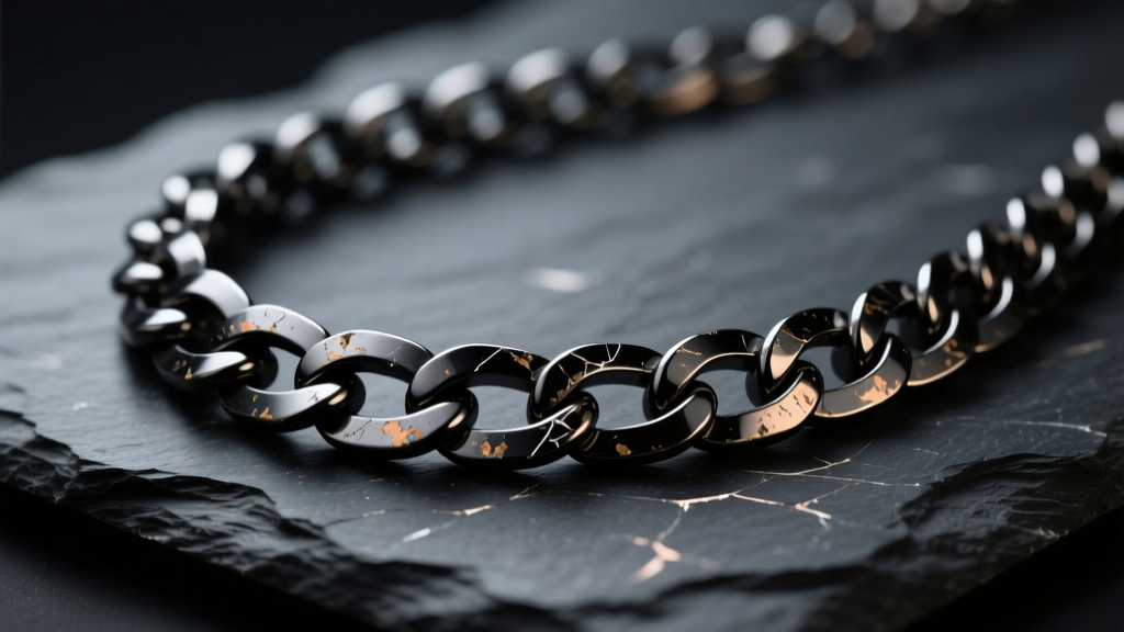 Close-up of a scratched black PVD chain necklace on dark slate, showing faded edges and metal wear under soft studio lighting