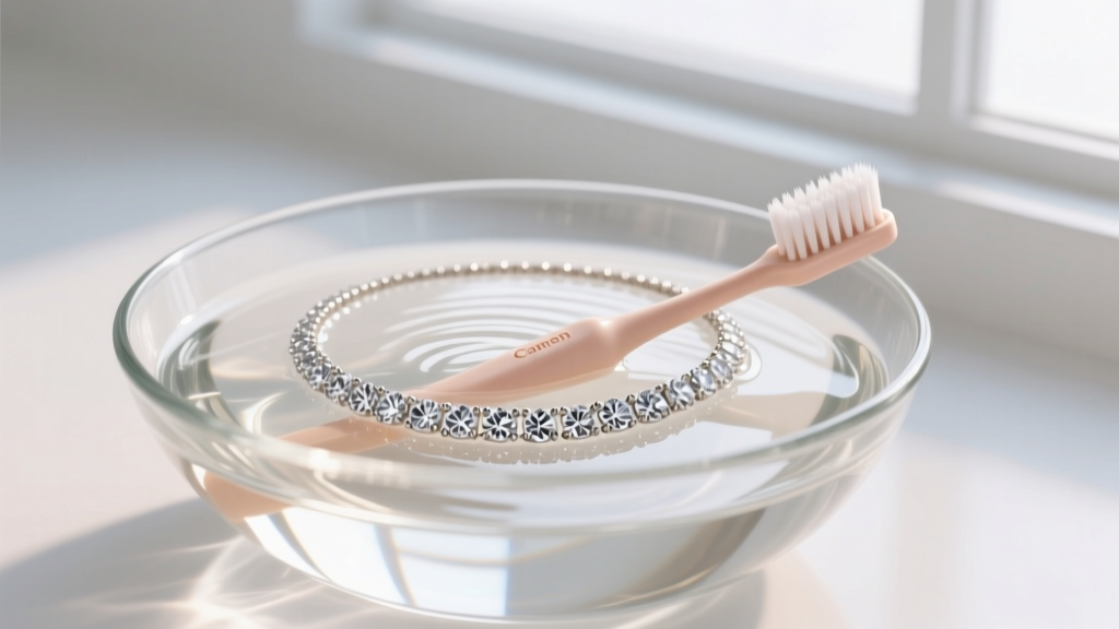 Soft-bristled baby toothbrush gently cleaning a diamond tennis necklace submerged in a glass bowl of warm, soapy distilled water.