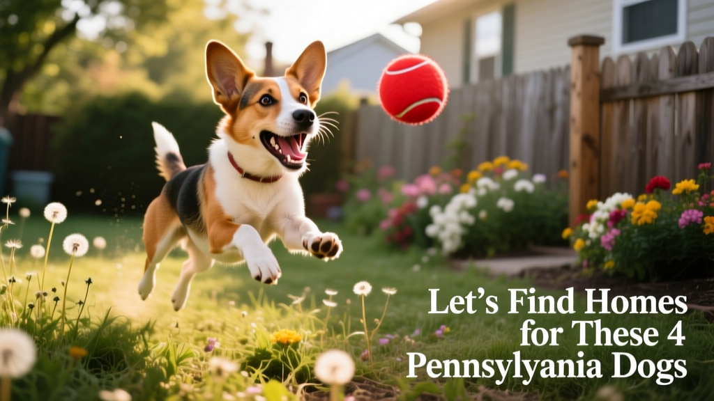 Flo, a compact, energetic dog with expressive eyes, mid-leap while playing fetch in a sunny backyard