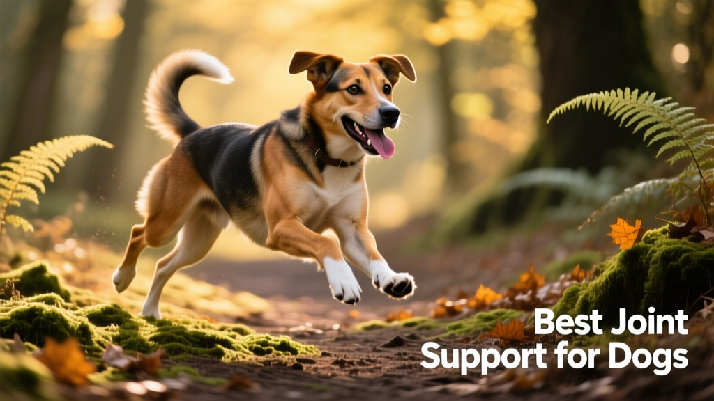 A happy, active mixed-breed dog mid-stride on a forest trail, showcasing natural joint mobility and energy