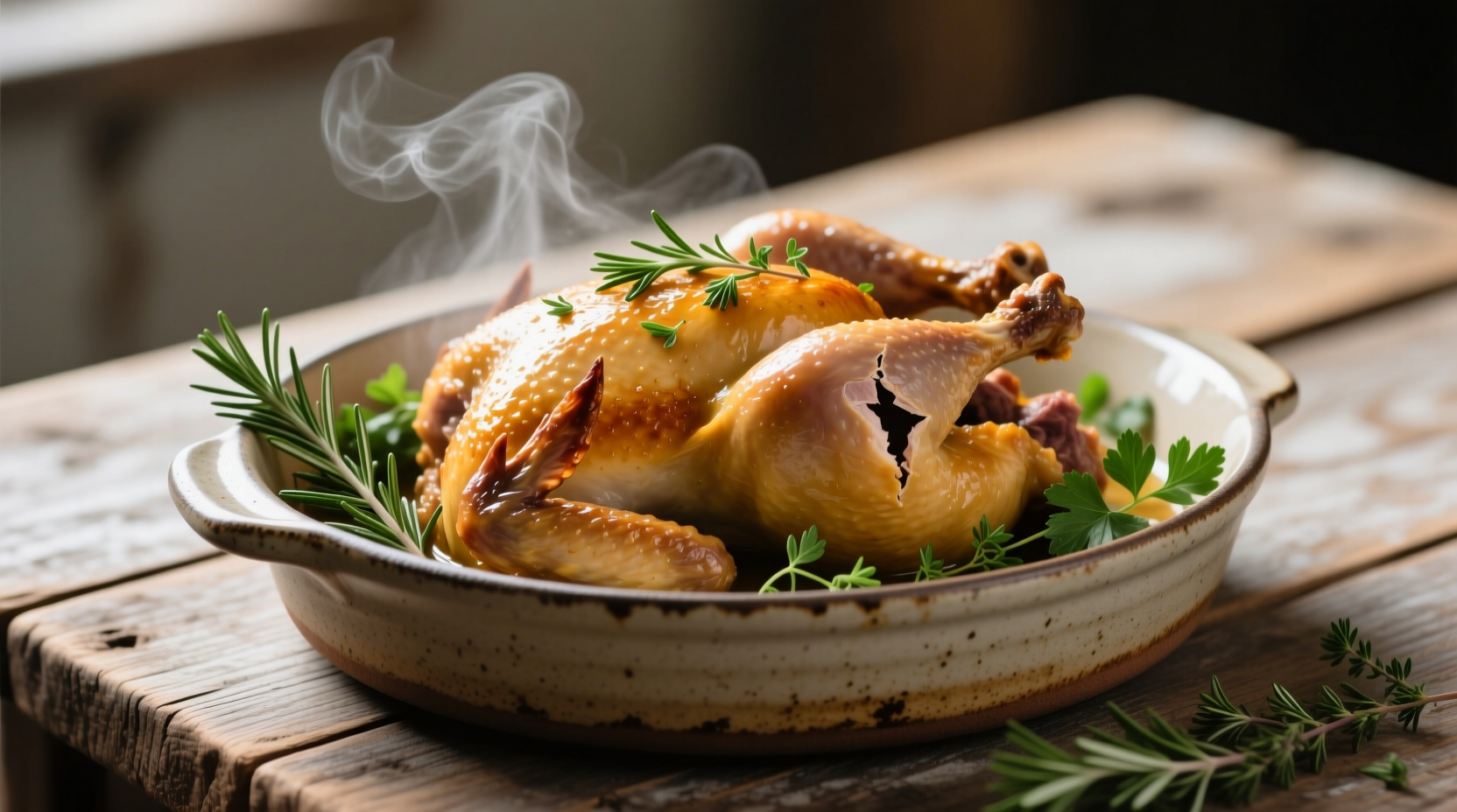 Perfectly slow cooked chicken in ceramic dish with herbs