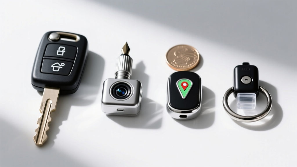 A side-by-side size comparison of a standard car key next to three miniature spy and safety gadgets designed for everyday carry concealment.