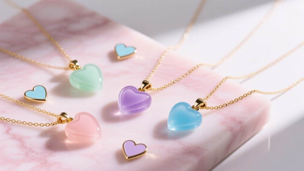 Flat lay of candy pendant necklaces with translucent resin charms and pastel enamel hearts on gold chains against pink marble