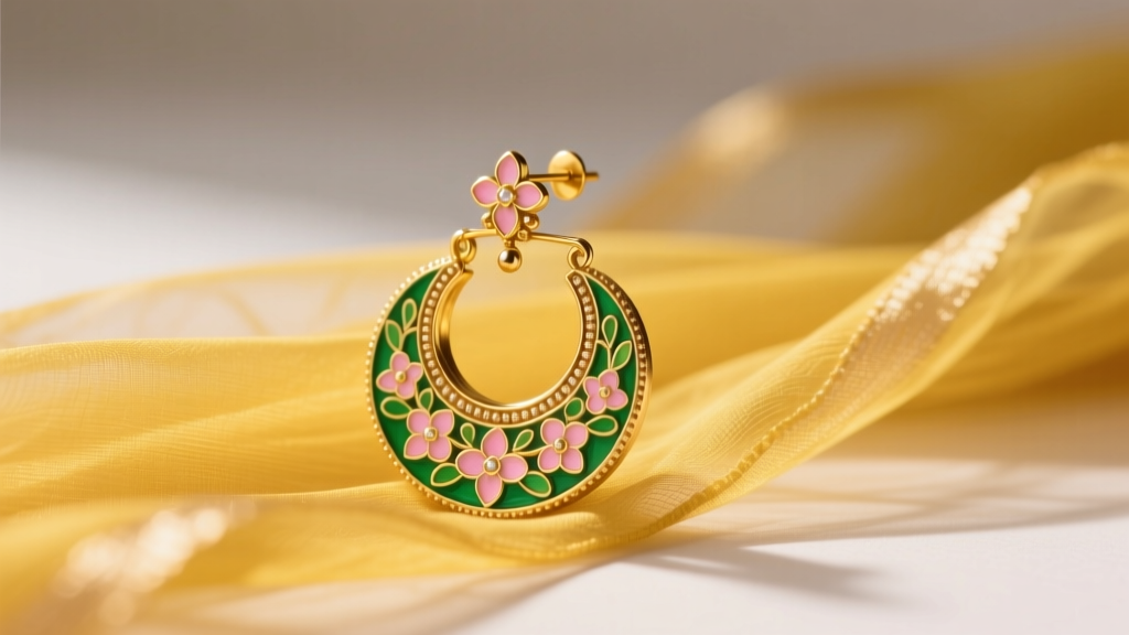 Close-up of green and pink Meenakari enamel on the back of a 22k gold Chandbali earring resting on yellow organza saree fabric