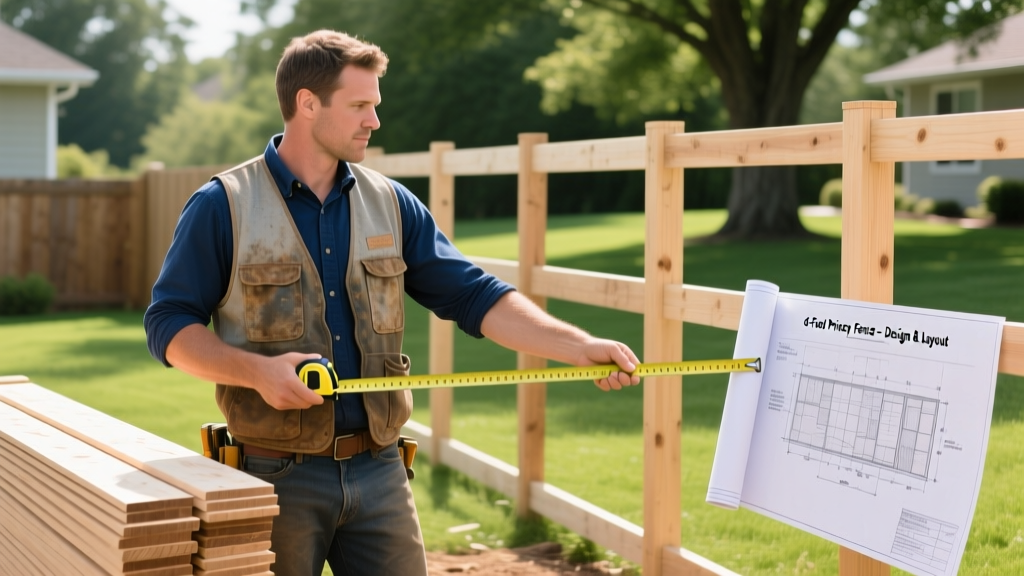 Contractor measuring a backyard property line while holding wooden fence panels and a blueprint for a 6-foot privacy fence installation