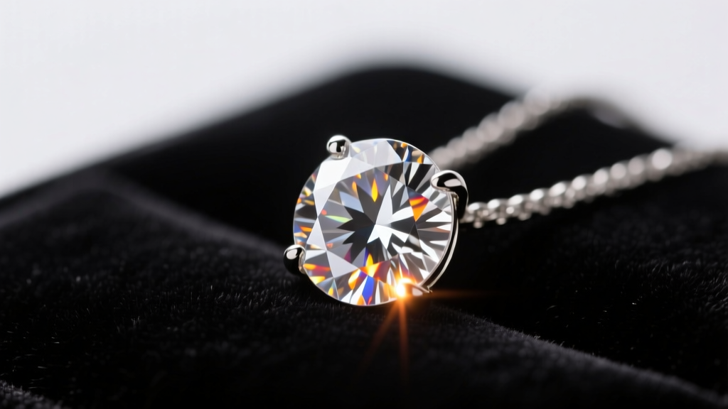 Close-up of a one carat round diamond solitaire pendant on black velvet, soft studio lighting highlighting the fiery sparkle.
