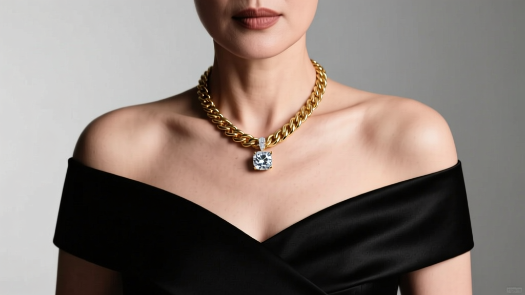 Woman in black Bardot off shoulder dress wearing 16-inch 14k gold cable chain and bezel diamond pendant under soft studio lighting