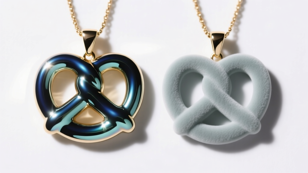 Macro view of a vitreous enamel pretzel pendant with a glossy glass finish next to a matte cold enamel version under bright light