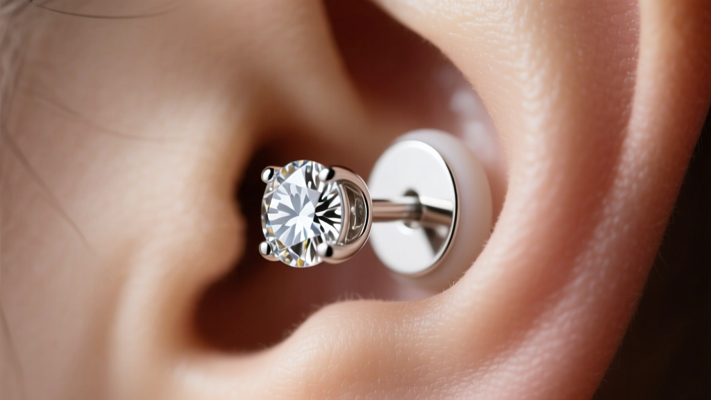 Side view of a heavy diamond stud secured with a jumbo silicone back and flat disc, preventing the earlobe from drooping forward.