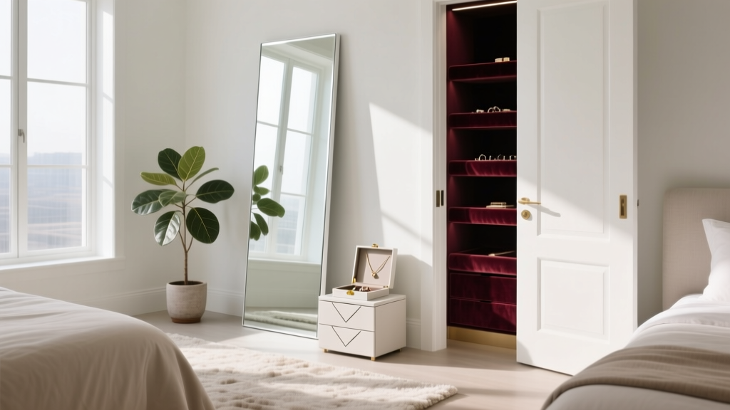 Sleek white full length mirror and jewelry box combo in a sunlit modern bedroom, door slightly open to reveal velvet storage tiers