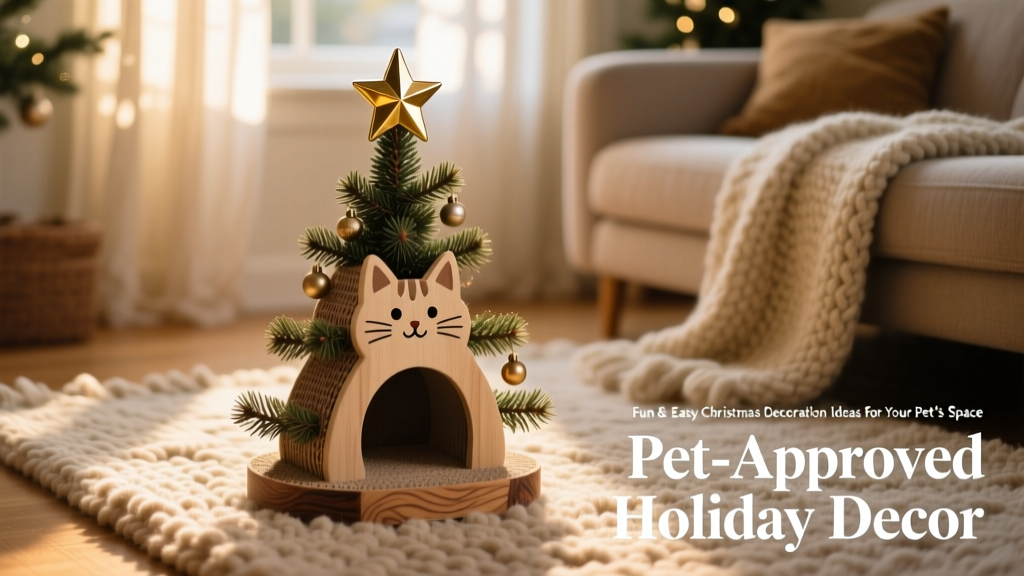A miniature Christmas tree-shaped cat scratcher with a gold star on top, placed beside a cozy rug