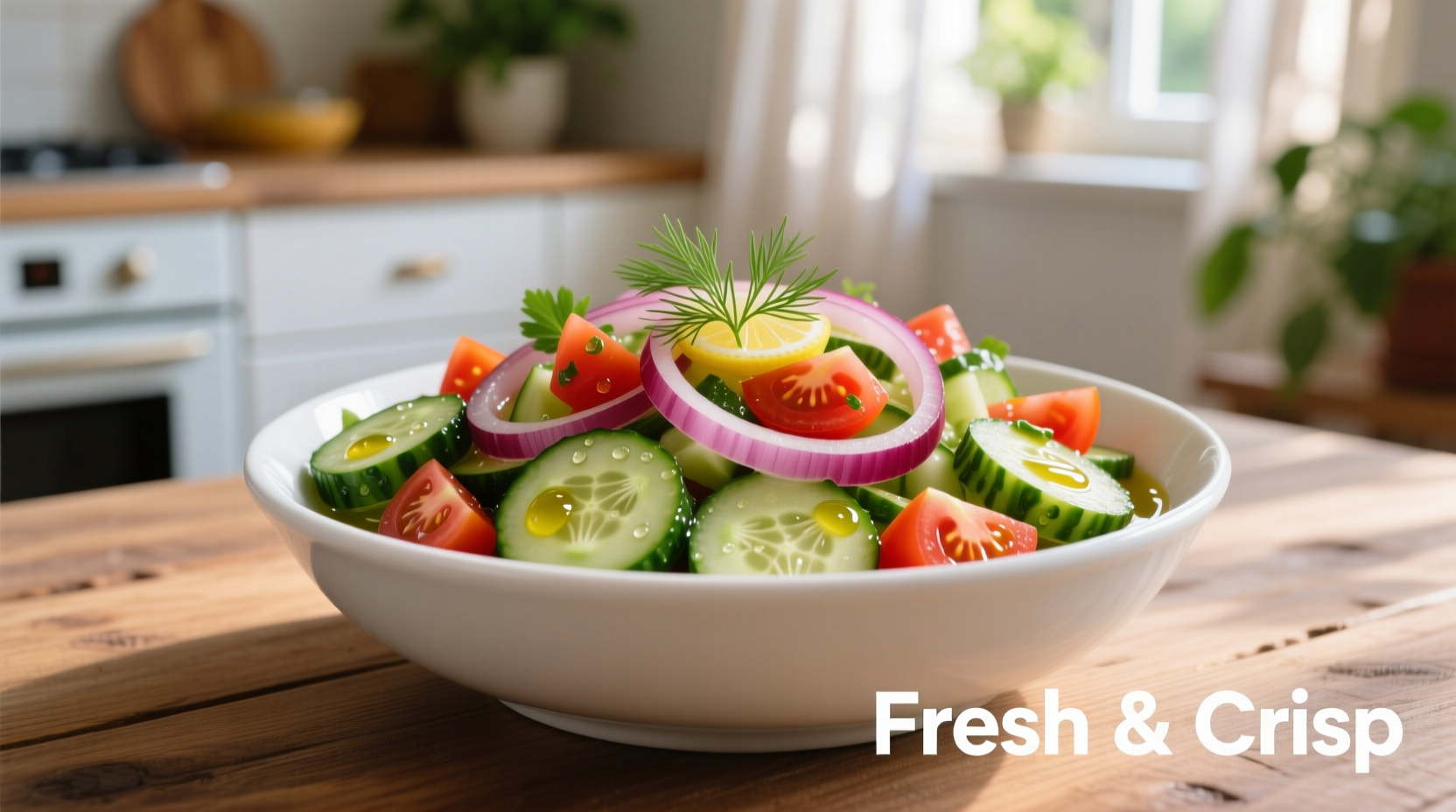 Fresh marinated cucumber tomato onion salad in white bowl