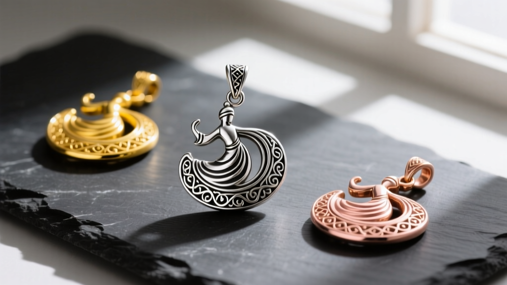 Three distinct Rumi whirling dervish pendants in yellow gold, oxidized silver, and rose gold laid out on a dark slate surface