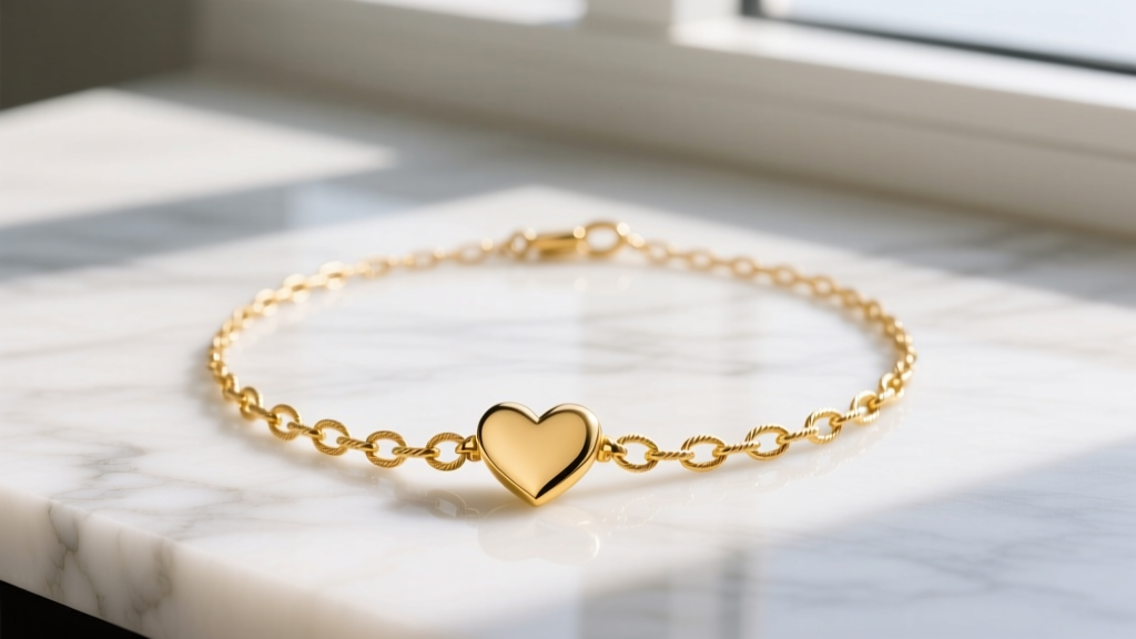 Flat lay of a 14k yellow gold heart station necklace on marble, highlighting soldered jump rings on a delicate cable chain