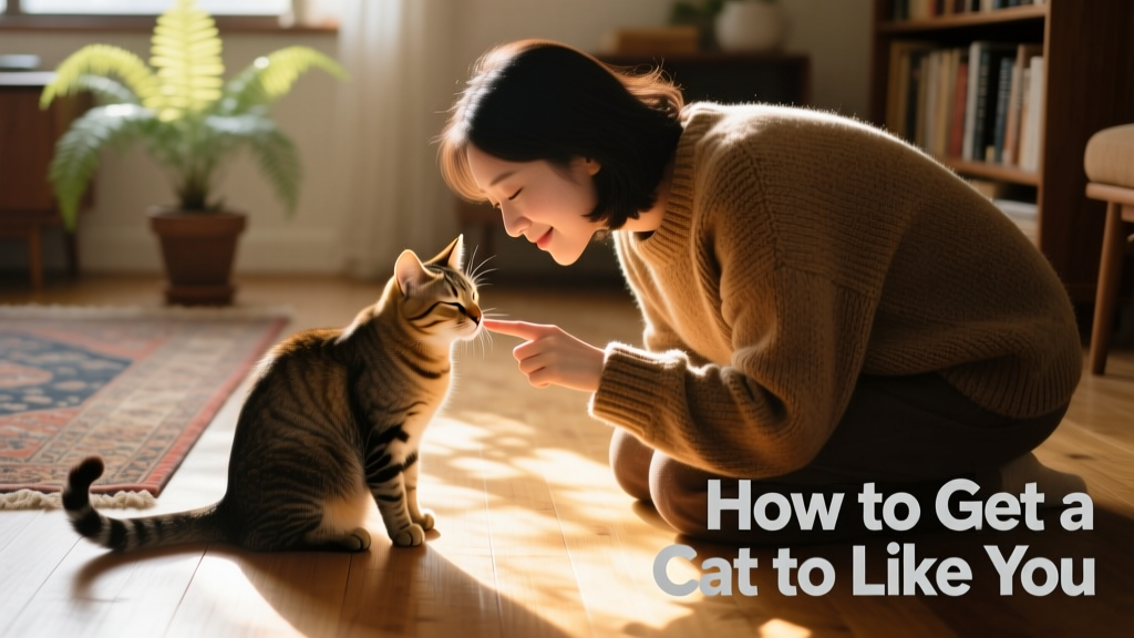 Person crouching low and sitting calmly beside a relaxed cat who is sniffing their outstretched finger