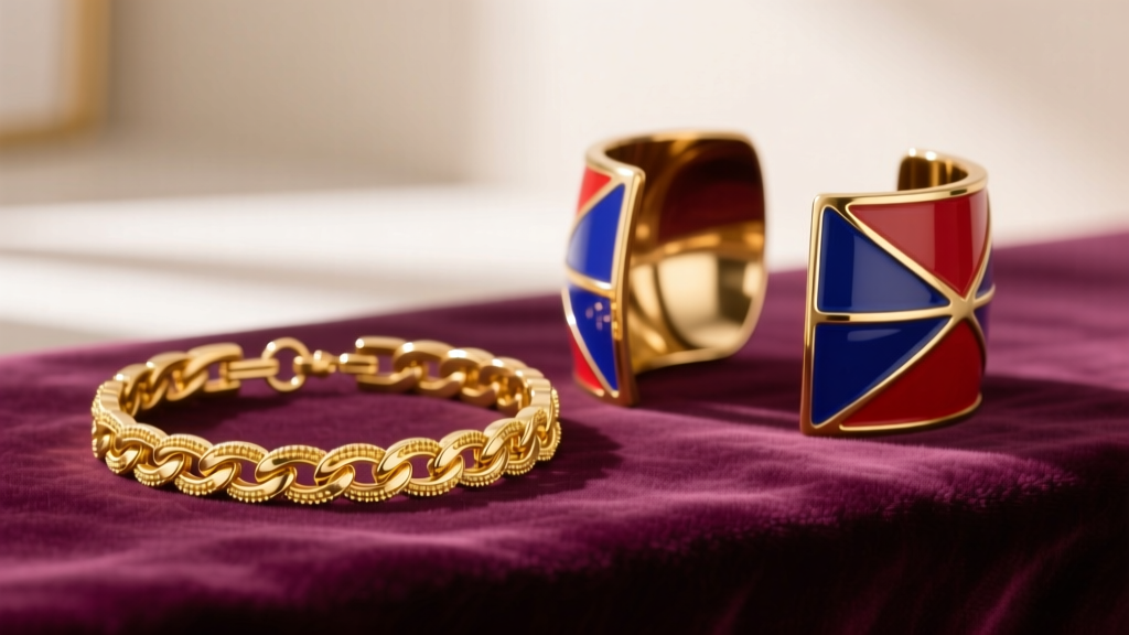 Boutique display contrasting a delicate 14k solid gold tennis bracelet with a bold, enamel-coated brass statement cuff on velvet
