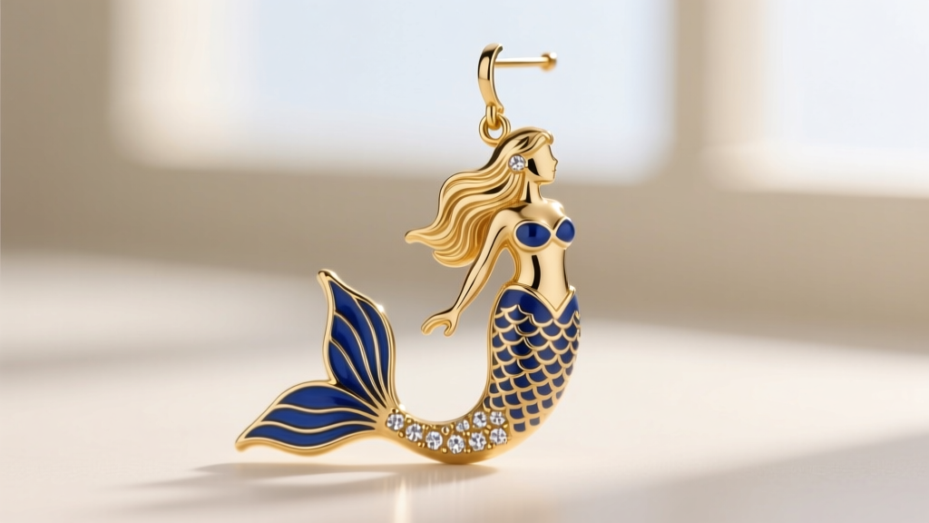 Macro shot of a gold-plated mermaid dangle earring highlighting blue cold enamel and small cubic zirconia accents in soft light