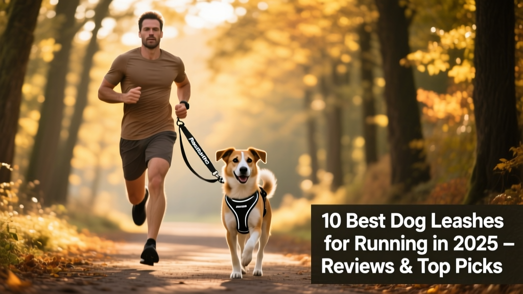 A person jogging on a tree-lined path with their medium-sized dog comfortably running beside them on a hands-free bungee leash
