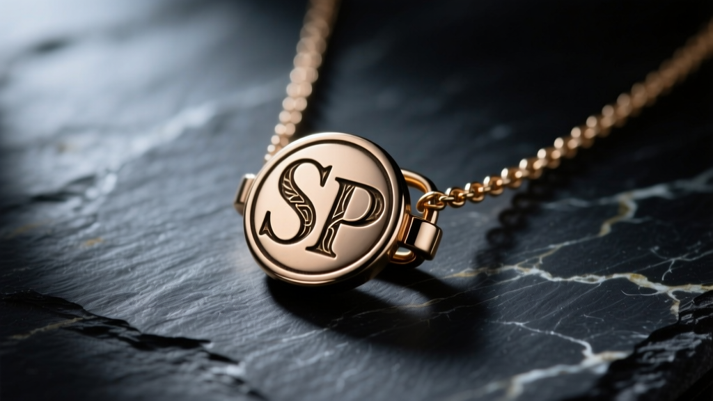 Macro shot of a vintage Avon SP necklace clasp showing the engraved SP hallmark on dark slate with soft, directional lighting.