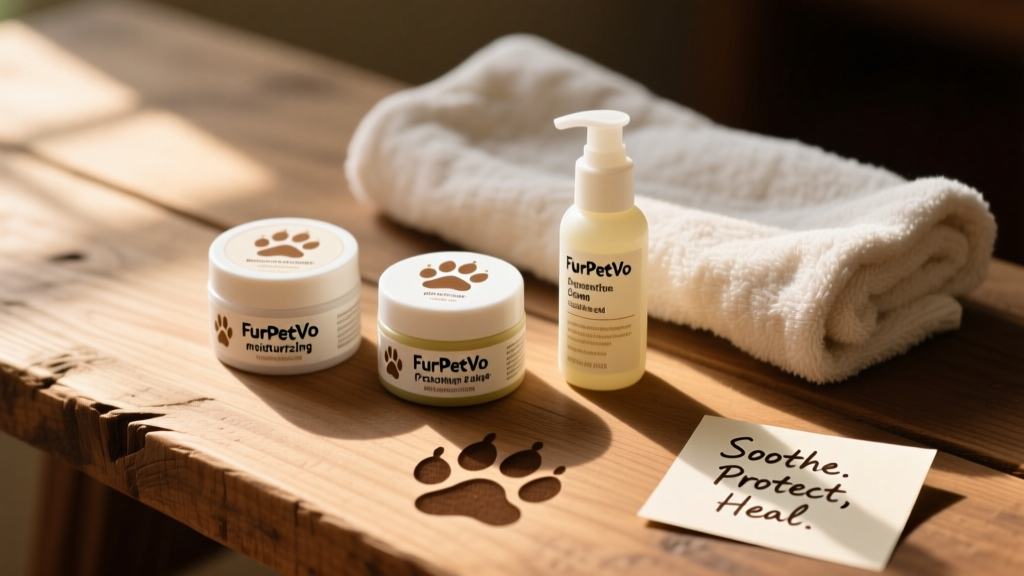 Three FurPetVo paw care products arranged neatly on a clean wooden surface