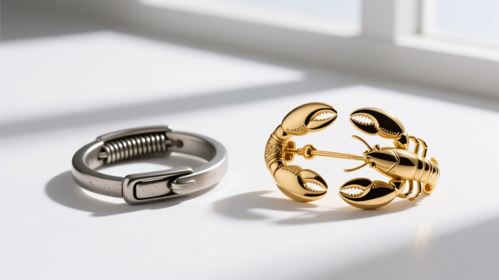 Side-by-side comparison of a cheap zinc alloy spring ring clasp and a 14k gold vermeil lobster clasp on white